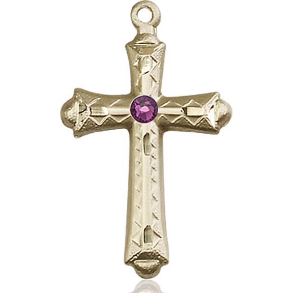 14kt Yellow Gold Cross Medal with 3mm February Purple Swarovski Crystal 1 1/8 x 5/8 inches