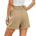 thumbnail image 3 of CIENVNSTG Women's Summer Dressy Casual Bermuda Shorts Solid Color High Waisted Elastic Waist Roll Up Pleated Wrap Hem Wide Leg Knee Length Shorts with Pockets & Button for Office and Outings Khaki S, 3 of 5