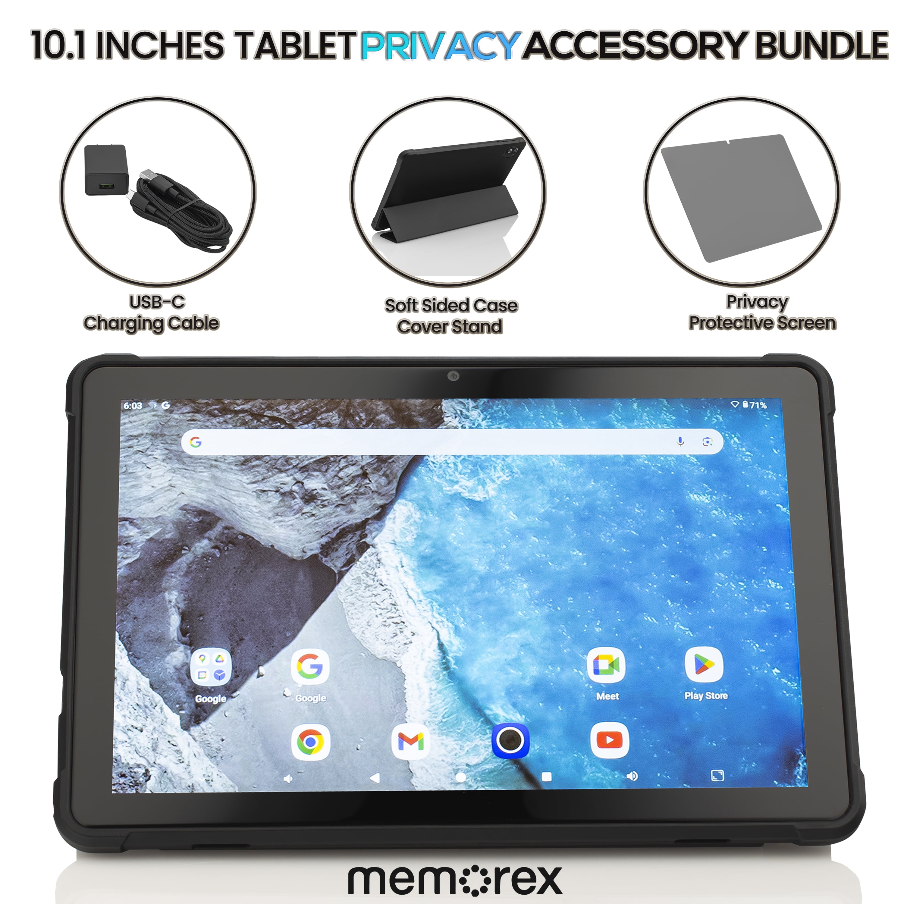 Memorex Bonus 4-in-1 Privacy Bundle - 10.1" HD IPS Android 14 8-Core Tablet, 128GB Storage, 4GB RAM with Bonus Tablet Case & Stand, Braided 10ft USB-C cable & Privacy Screen Protector