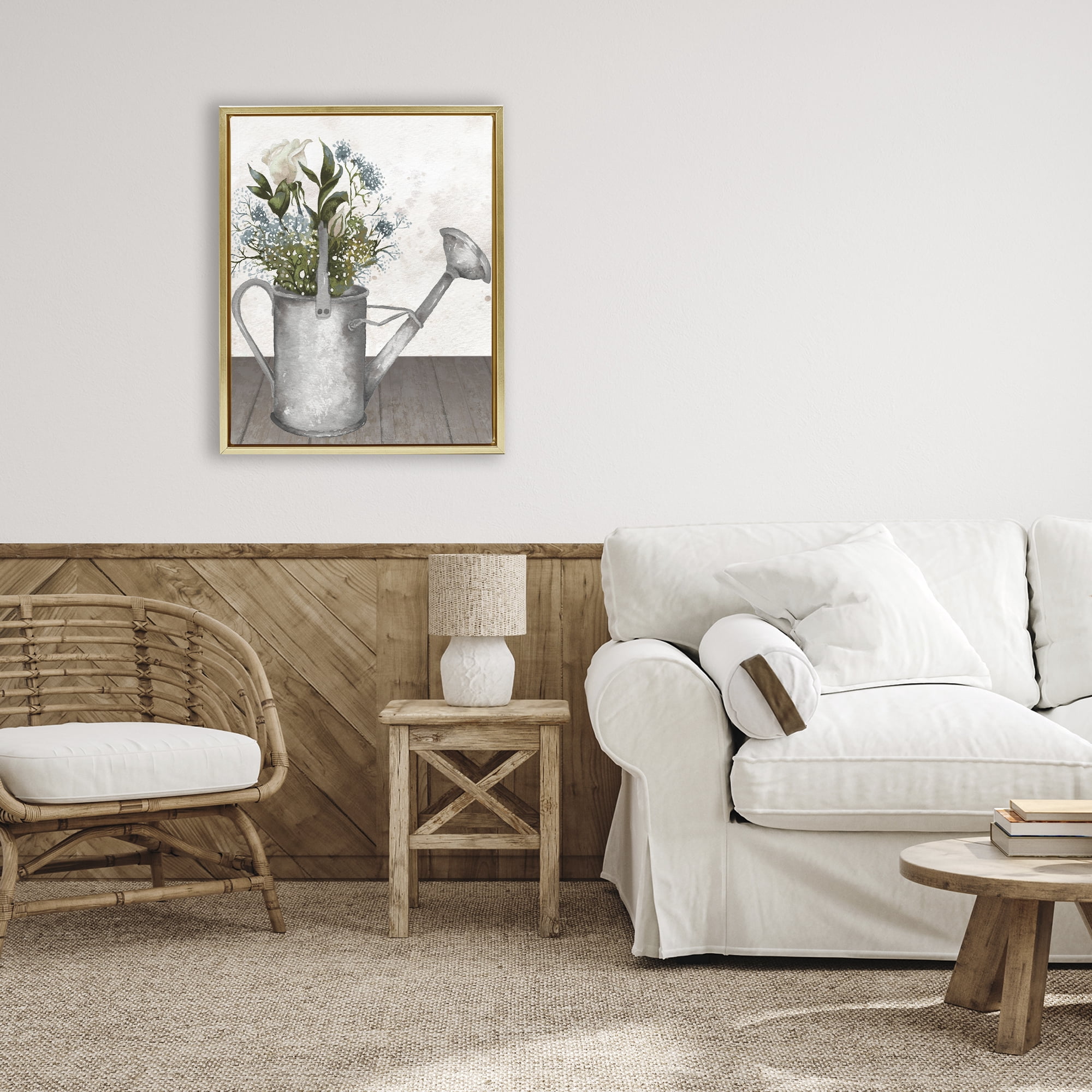 Stupell Industries Floral Pitcher Watering Can Gold Framed Floater Canvas Wall Art, design by Elizabeth Medley