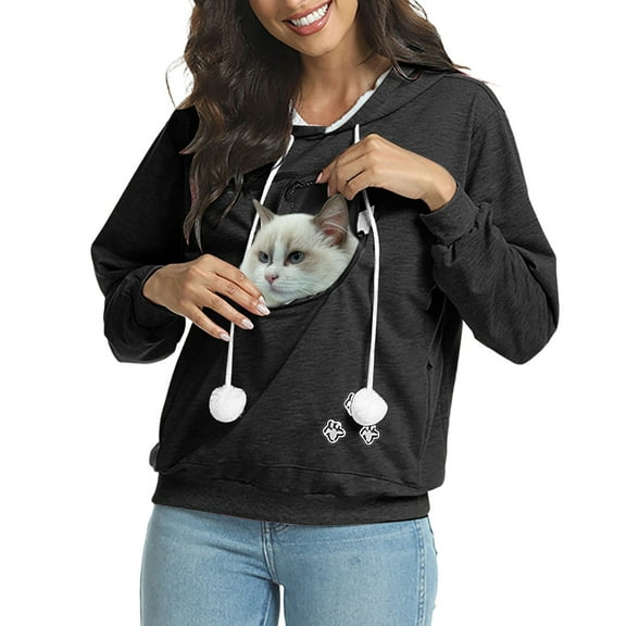 Pet Carrier Hoodie for Women Cat Dog Pouch Holder Solid Color Long Sleeve Hooded Sweatshirts Cute Casual Tops