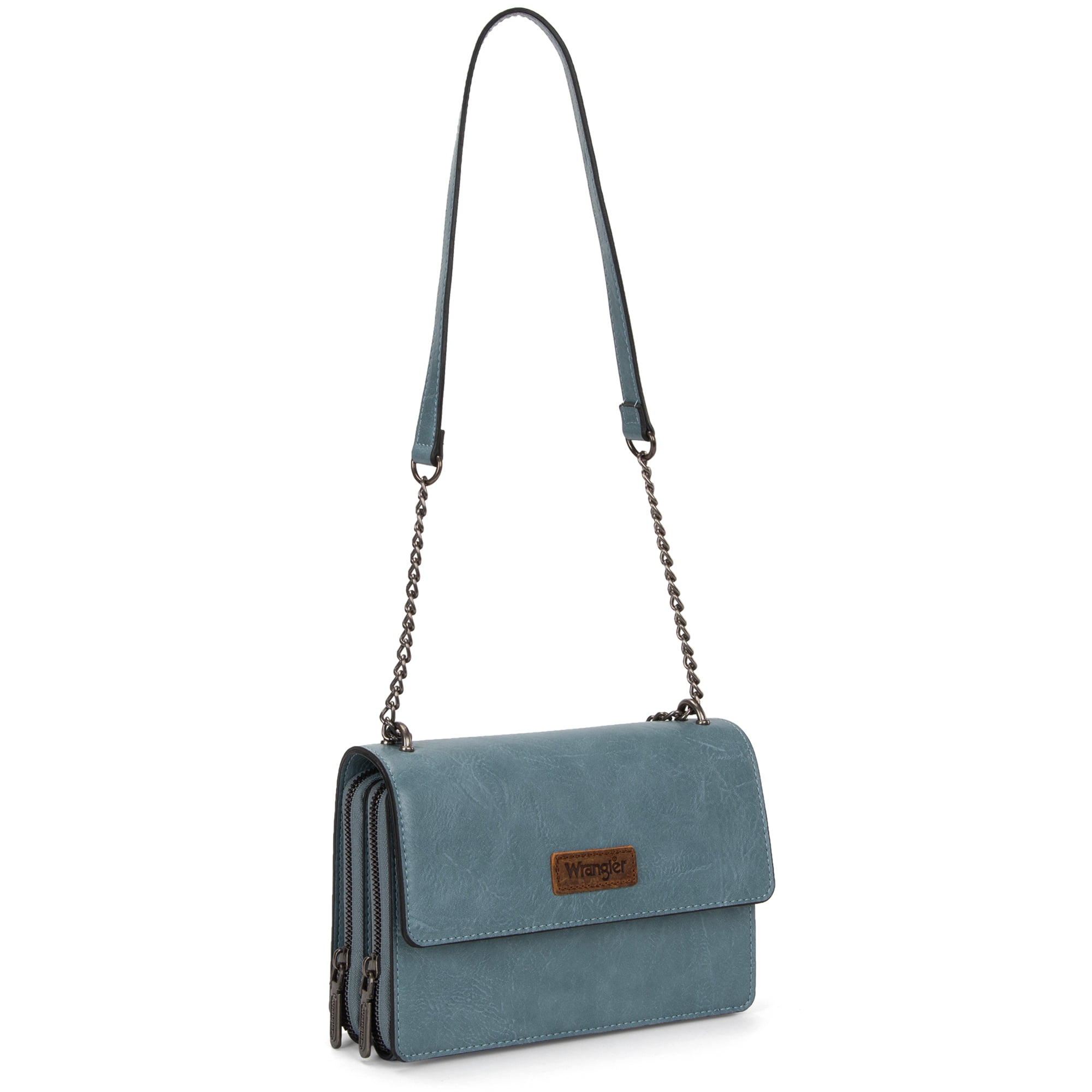 Wrangler Flap CrossBody Purse for Women Small Shoulder Bag with Chain Strap, Jean