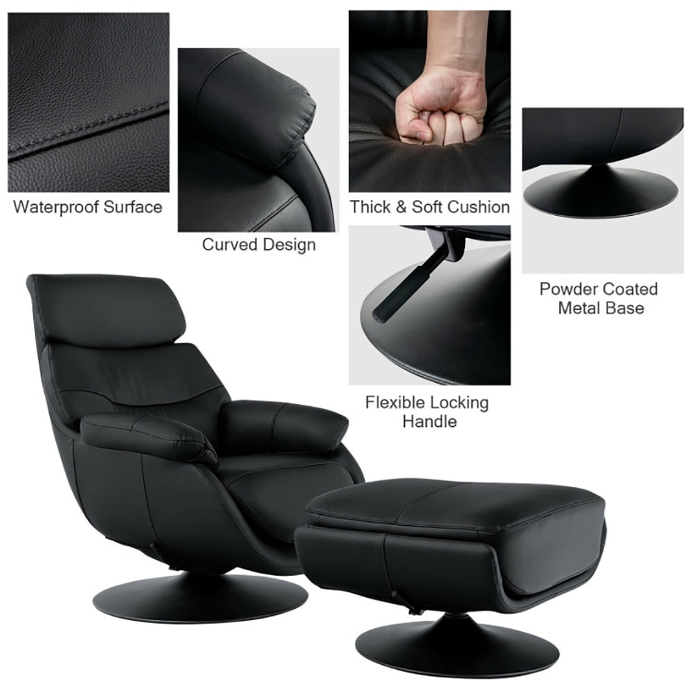 Finihen Leather Soft Upholstered Recliner with Ottoman Footrest, 360° Swivel Leather Lounge Chair with Ottoman and Thick Footstool, for Living Room, Bedroom, Black Finihen Leather Soft Upholstered Recliner with Ottoman Footrest, 360° Swivel Leather Lounge Chair with Ottoman and Thick Footstool, for Living Room, Bedroom, Black