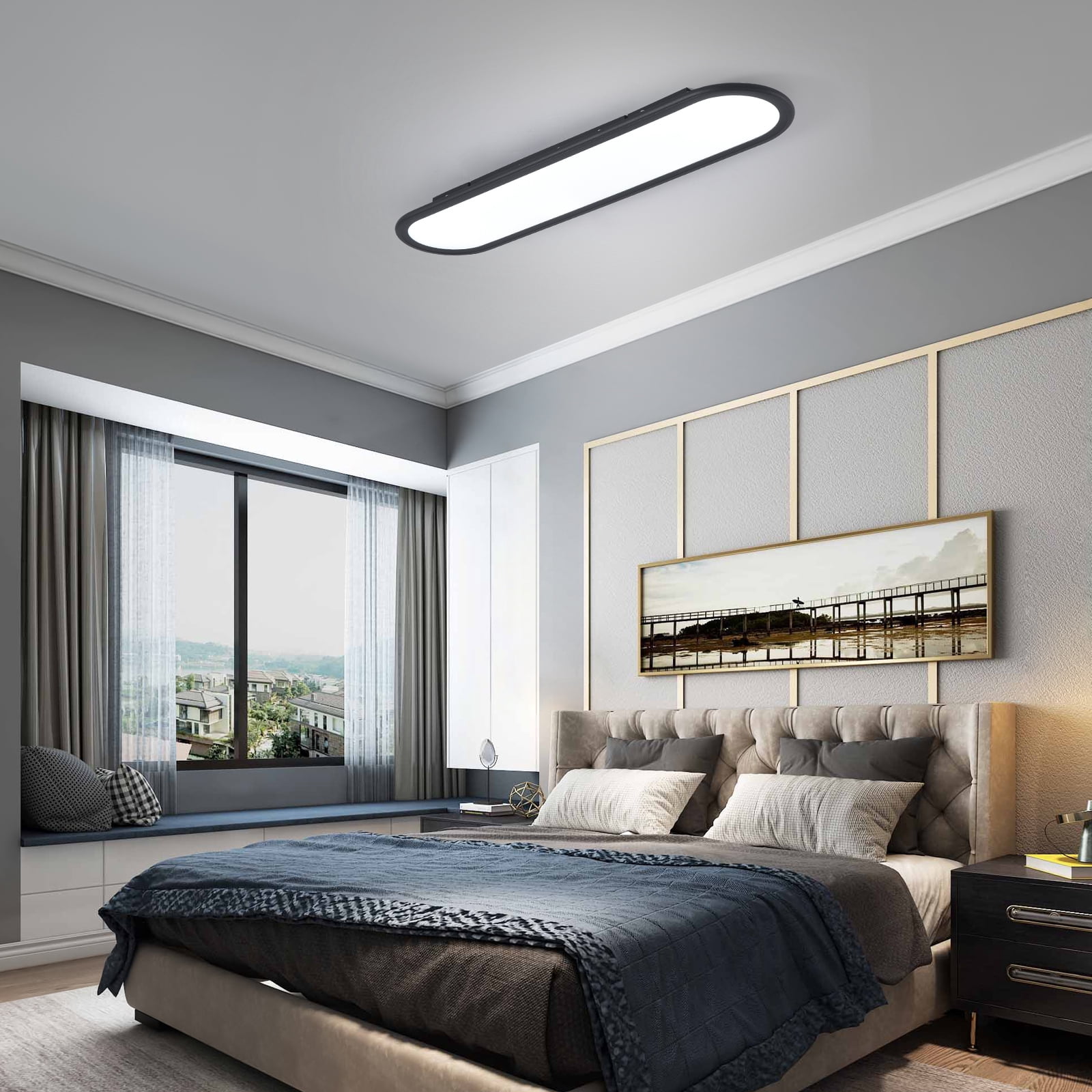 Garwarm Modern Ceiling Lights, 36W LED Linear Ceiling Lamp,Full Spectrum Long Ceiling Light, 27.6'' Ultra Thin Low Profile Light Fixture for Bedroom Kitchen Closet Hallway, Black/6500K