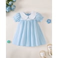 thumbnail image 3 of 6 Months Baby Girls Dress 12 Months Girls Short Sleeve Dress Peter-Pan Collar Bubble Sleeve Infant Girls Summer Solid Color Dress Blue, 3 of 9