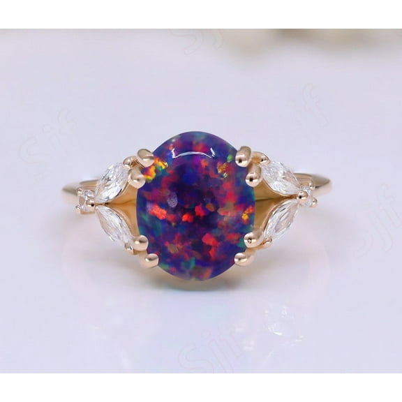 Oval Black Opal Gemstone Engagement Ring Vintage Art deco Bridal Moissanite Ring 14K Rose Gold 925 Silver Ring Promise Ring For Love