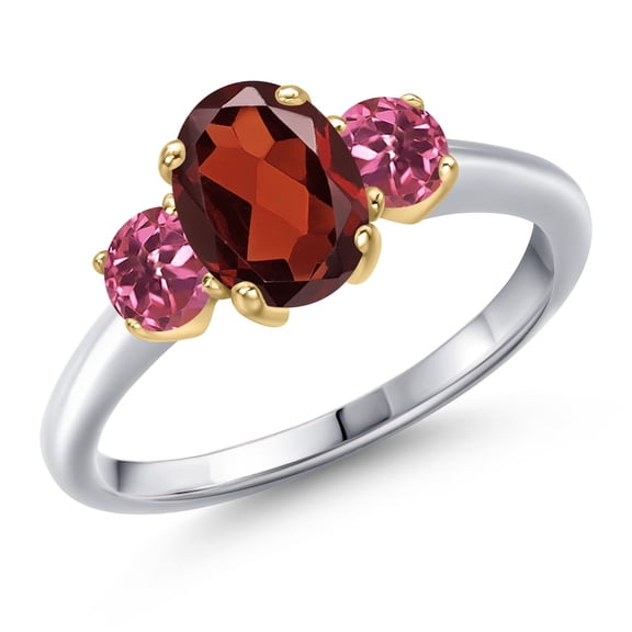 Gem Stone King 925 Silver and 10K Yellow Gold Red Garnet and Pink Tourmaline Engagement Ring for Women | 2.00 Cttw | Oval 8X6MM | Gemstone January Birthstone | Size 7