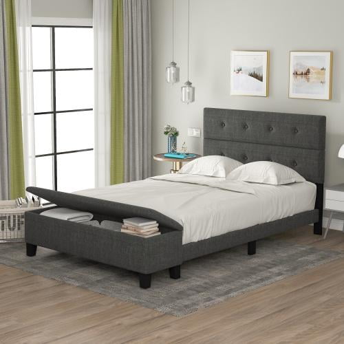 Merax Full Size Upholstered Platform Bed With Storage Ottoman Bench On Tufted Headboard Mattress Foundation 9 Solid Wood Slat Support Dark Grey Com Size Upholstered Platform Bed, Headboard With Matching Storage Bench