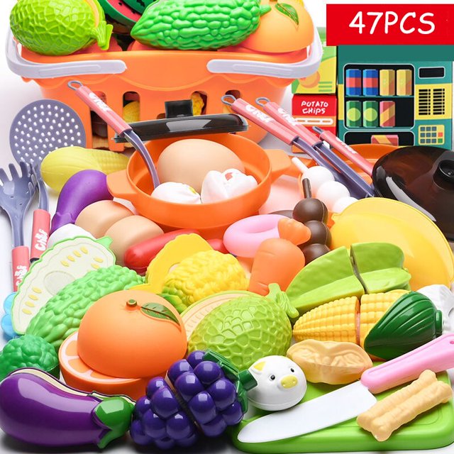 Juguetes de cocina de plástico para niñas, juego de carrito de compras cortado, comida de frutas y verduras, casa de juegos de simulación, regalos de Educación Temprana, 74 piezas