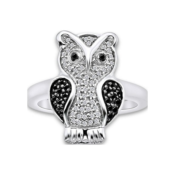 1/4 Carat CTTW Round Cut Black And White Natural Diamond Owl Ring In 14K White Gold Over Sterling Silver (0.25 Cttw, I2-I3 Clarity)
