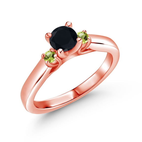 Gem Stone King 18K Rose Gold Plated Silver Black Onyx and Green Peridot 3-Stone Engagement Ring for Women (0.62 Cttw, Gemstone December Birthstone, Size 5)