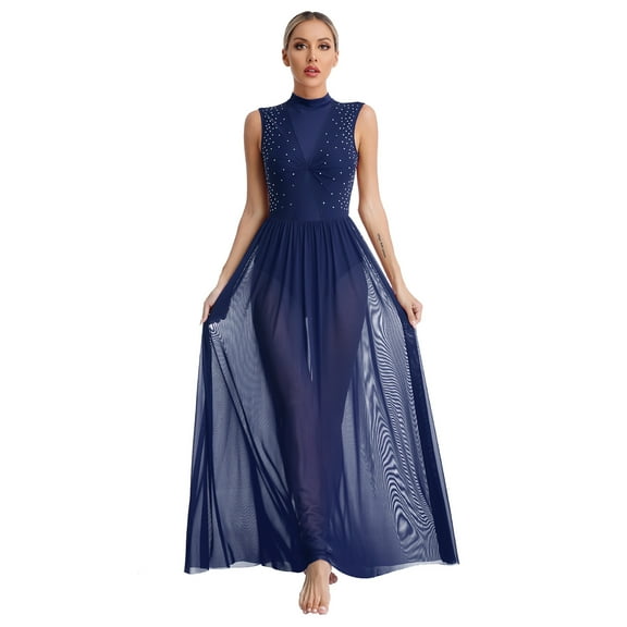 Kaerm Womens Shiny Rhinestone Lyrical Dance Dress Sleeveless Open Back Sheer Mesh Overlay Leotard Dress Navy Blue XL