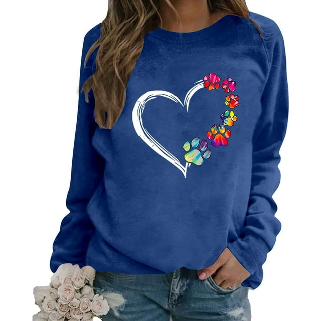 GPOECD Mode Femme Décontractée Couleur Unie Manches Longues Imprimé Lettre Col Rond Chandail en Molleton Sans Capuche Coupe Ample Chandail Confortable Bleu,P