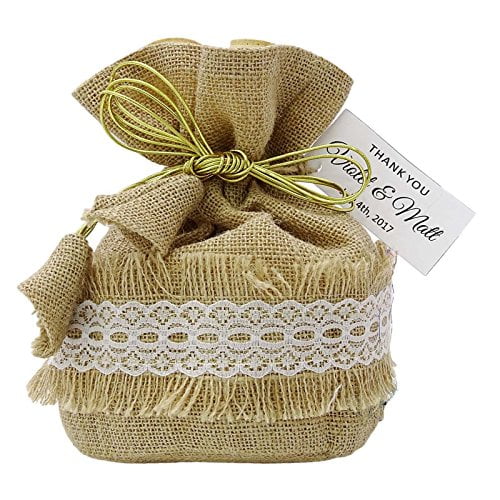 30 Satin Drawstring Potli Gift Bags Small Printed Pouches Wedding Party Favor Bags With Personalized Tags