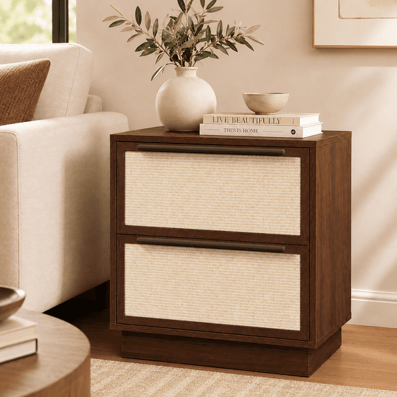 VITALOOM Dark Walnut Nightstand, 2 Drawer Bedside Table with Rattan-Look Woven Front, Compact Storage Cabinet