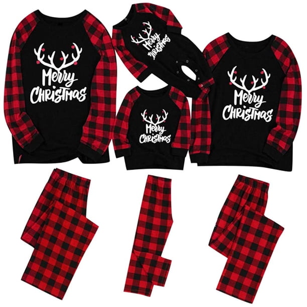 Conjuntos de pijamas familiares a juego PJ de Navidad con camiseta de manga larga con estampado de letras y pantalones a cuadros rojos Loungewear Adepaton CJWUS-2578