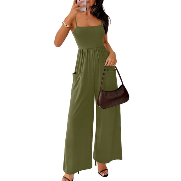 Merokeety Womens Summer Dresses Casual Spaghetti Strap Boho Wide Leg Jumpsuit ArmyGreen l