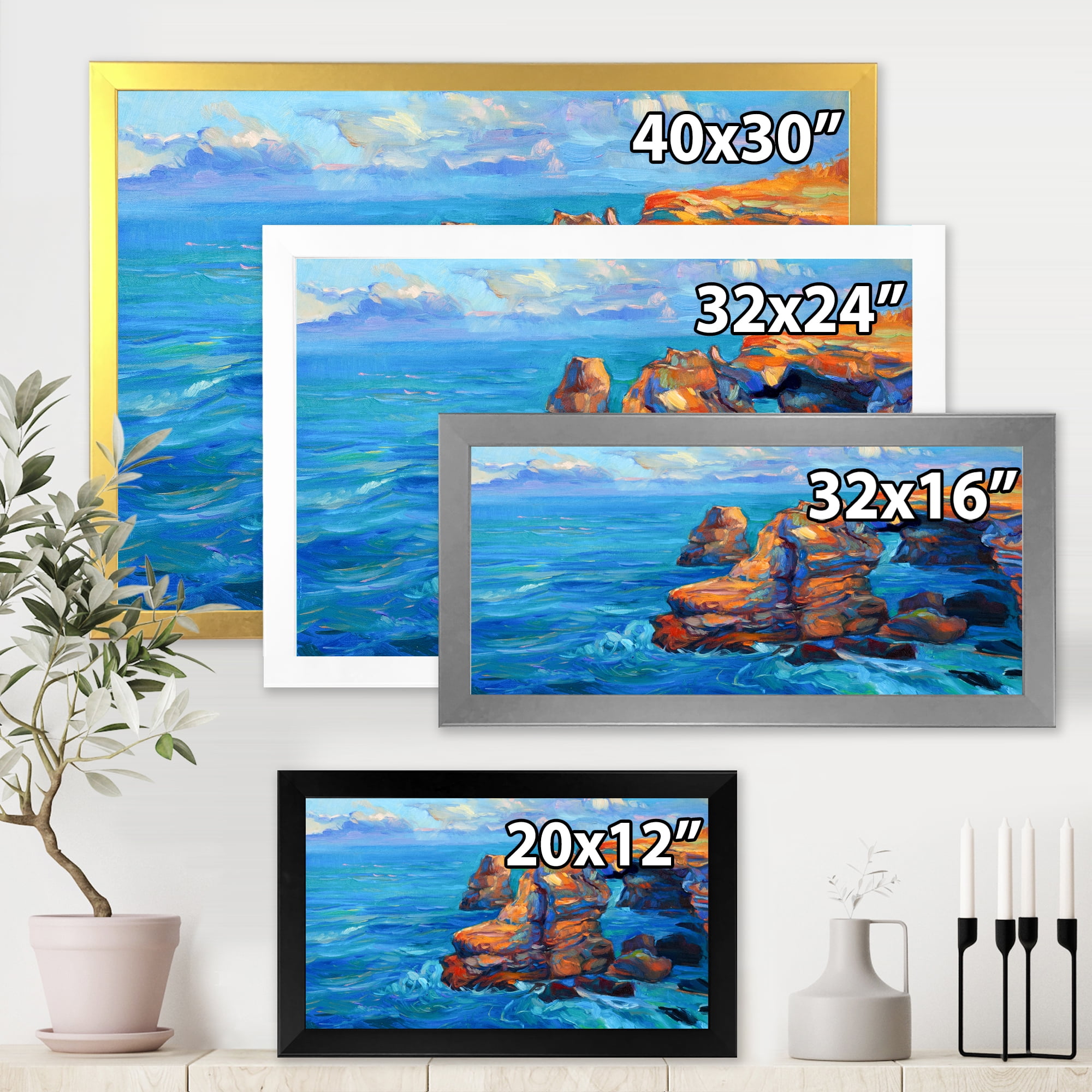 Designart 'The Blue Ocean By Rocky Cliffs' Nautical & Coastal Framed Art Print