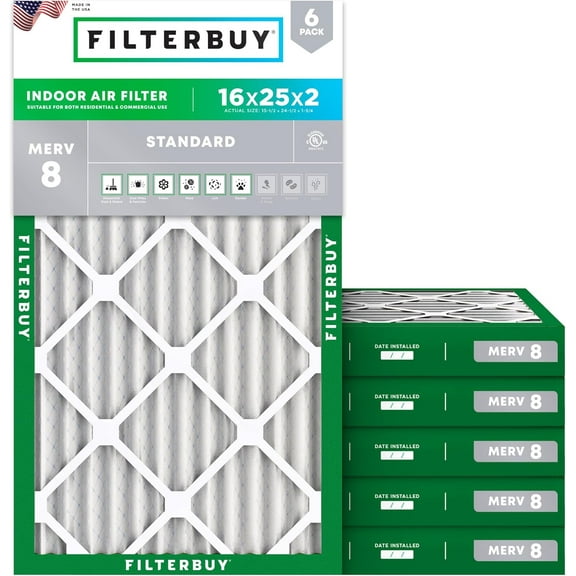 Filterbuy 16x25x2 MERV 8 Dust Defense, Pleated HVAC AC Furnace Air Filters (6-Pack)