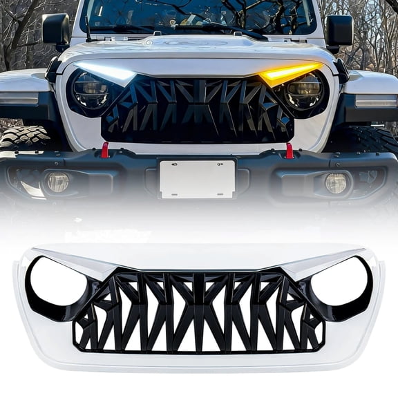 AMERICAN MODIFIED White & Black Front Shark Grille w/LED Eyebrow DRL for 18-23 Jeep Wrangler JL JT