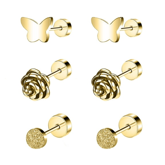 ZS 20G 3 Pairs Flower Stud Earring Butterfly Cartilage Conch Helix Piercing Frosted Round Ear Piercing Jewelry