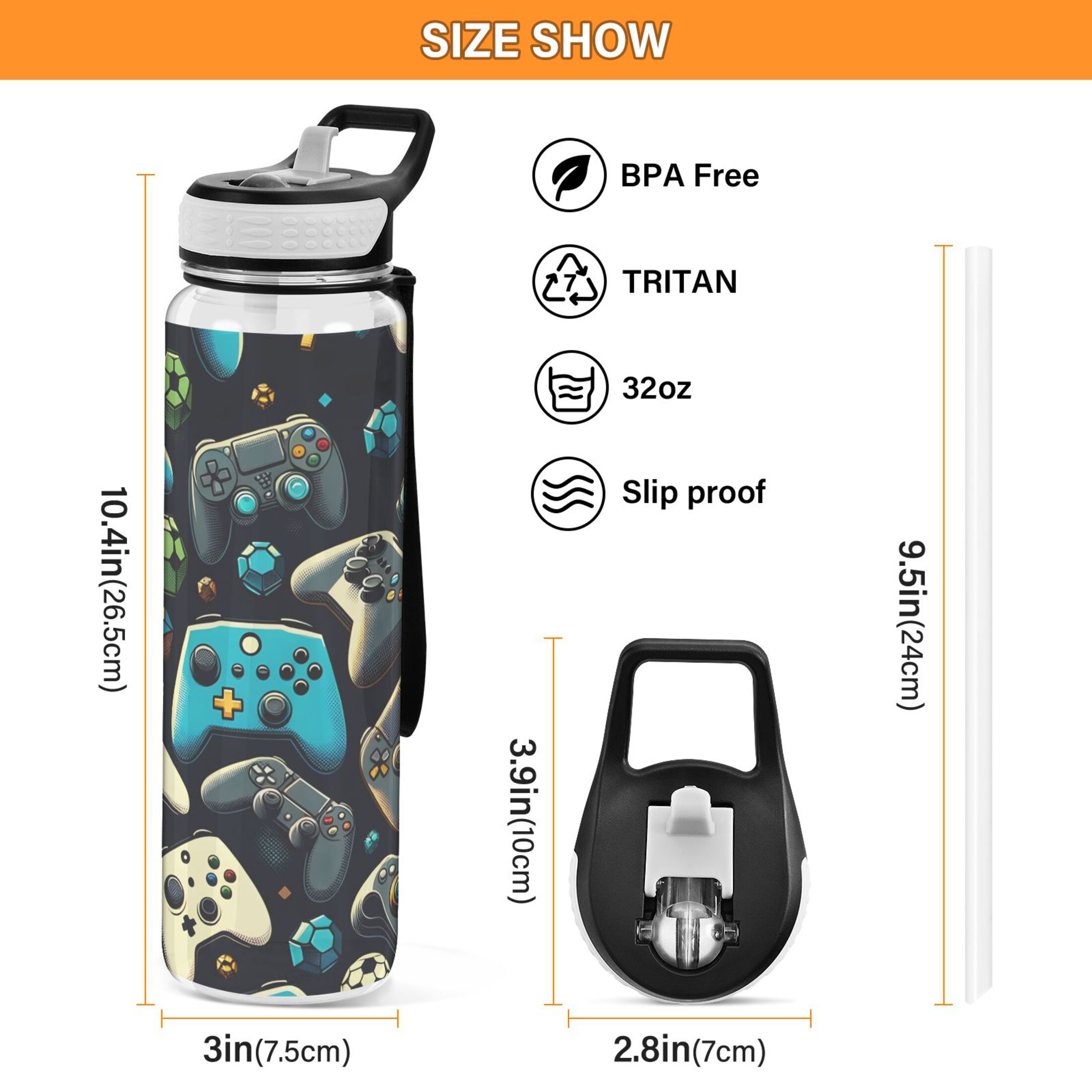 Gaming Controller Sports Water Bottle with Straws 32 Oz Tritan Clear Bottles BPA Free Leakproof Cup for Outdoor School Gym Fitness