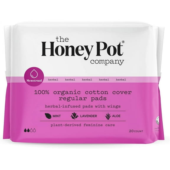 The Honey Pot Company Herbal Regular Pads with Wings, Organic Cotton Cover, 20 Ct, 3 Pack