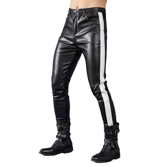 Men's Full-Length Motorcycle Biker Pants Stretchy PU Faux Leather with Color-Block Patchwork Cone-Shaped Slim Fit Outdoor Casual Trousers