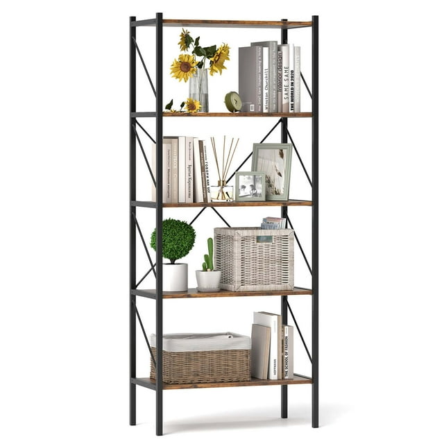 Costway 1 PCS 5-Tier Bookshelf, Industrial Tall Bookcase with Open Storage Shelves & Metal Frame Brown