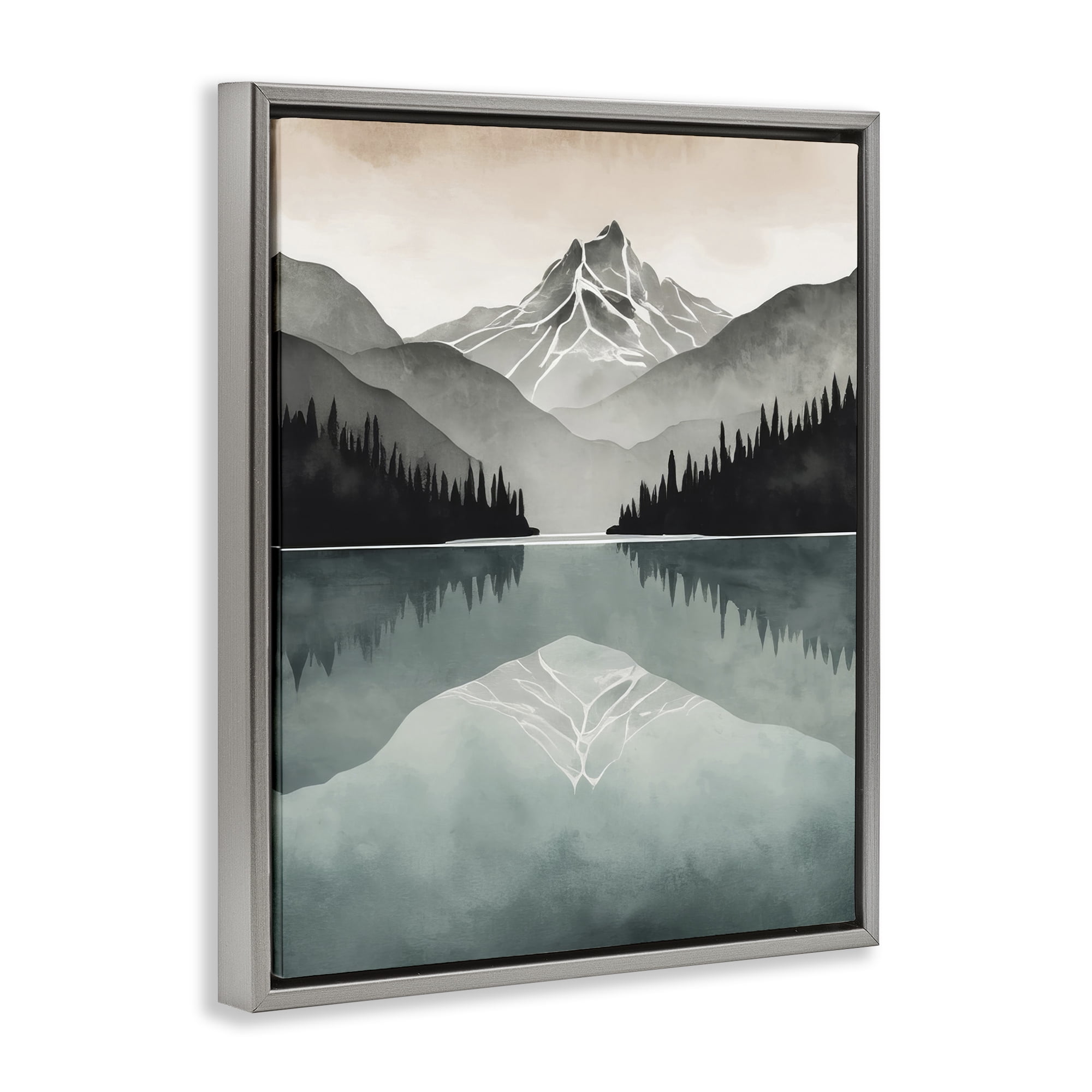 Stupell Industries Mountain Reflecting over Lake Landscape Painting Gray Floater Framed Art Print Wall Art, 25 x 31