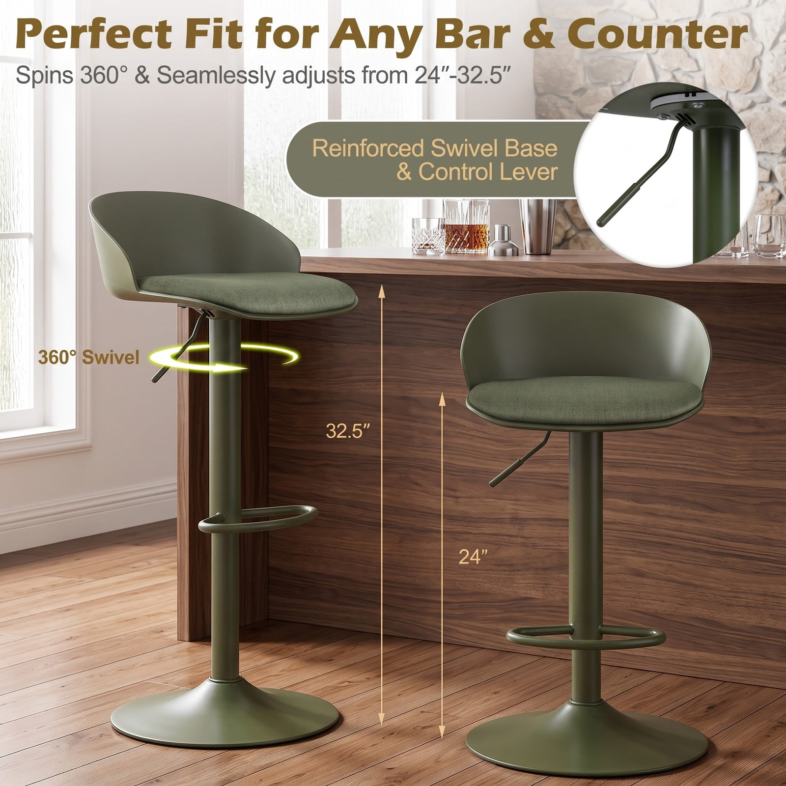 Furnibear Set of 2 Adjustable Swivel Bar Stools with Back and Footrest, 360 Degree Rotating Counter Height Barstools for Kitchen Island Dining Pub, 330, Olive Green