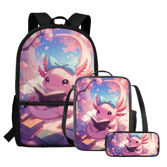 Yuyamidu Cute Axolotl Kids Backpack Set 3 in 1, 17 Inch School Backpack with Lunch Bag and Pencil Case, Large Capacity Bookbag for Boys Girls, Elementary Middle School