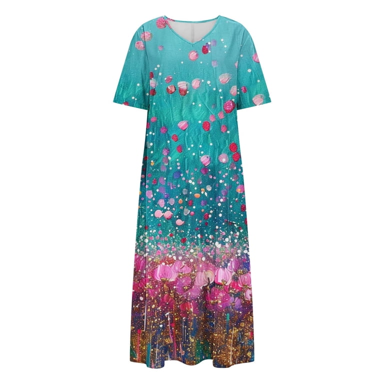 Oplxuo Casual Dress for Women Flowy V Neck Short Sleeve Floral Maxi Dresses Lightweight Summer Beach Vacation Clothes, Women's, Size: XL, Purple