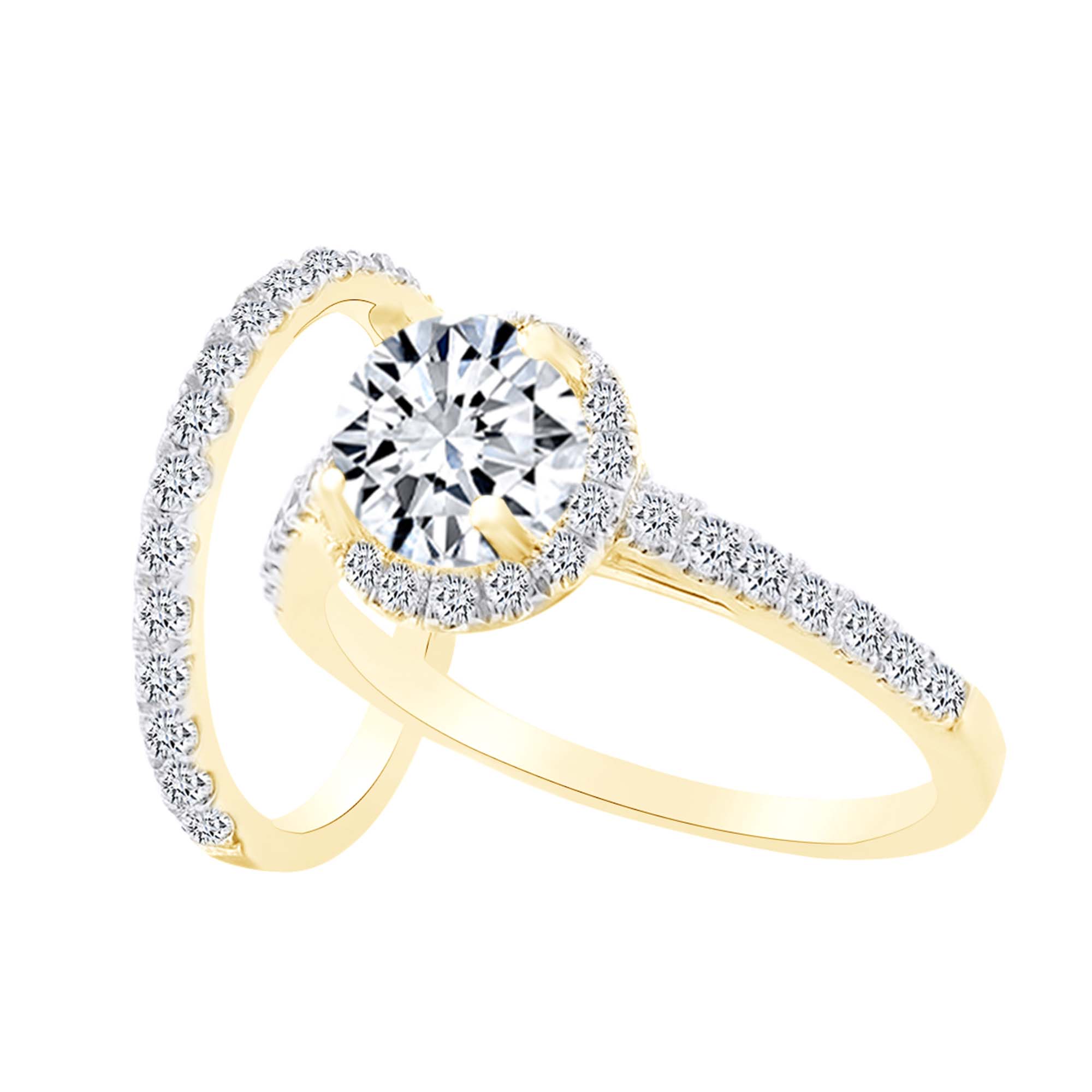 AFFY 1.87 Carat Round Shape White Natural Diamond Semi Mount Halo Engagement Ring Set 18K Solid Yellow Gold Ring Size-7.5