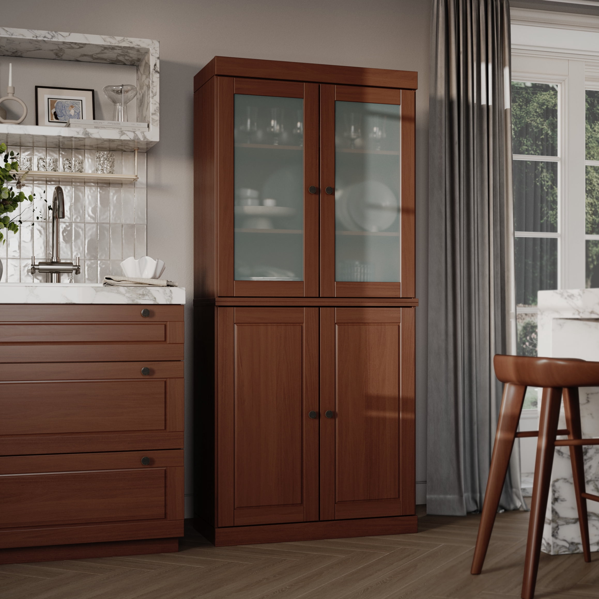 Palace Imports 100% Solid Wood 32" Pantry Cabinet with Solid, Frosted Glass Doors and Adjustable Shelves, Mocha