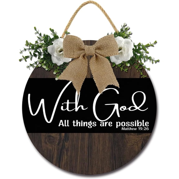 Christian Wreaths for Front Foor with God all Things are Possible Wall Decorch Round Wood Farmhouse Religious Wall Art Bible Verse Sign for Home Office