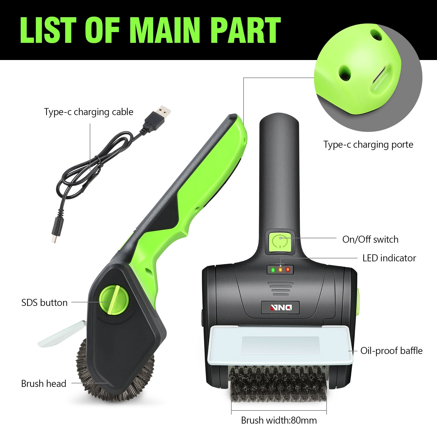 DNA Motoring Rechargeable Electric BBQ Grill Cleaning Brush, Cordless Grill Scrubber with Stainless Steel Bristles