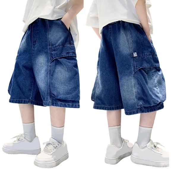 Kids Streetwear Hardware‑Decor Pleated Cargo‑Pocket Knee‑Length Denim Shorts, Elastic Waist Loose‑Fit Boys Summer Outdoor Casual Shorts