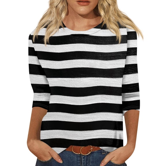 3/4 Sleeve Shirts for Women Spring Striped Crewneck Business Casual Tops Loose Three Quarter Length Work Blouses Gray M