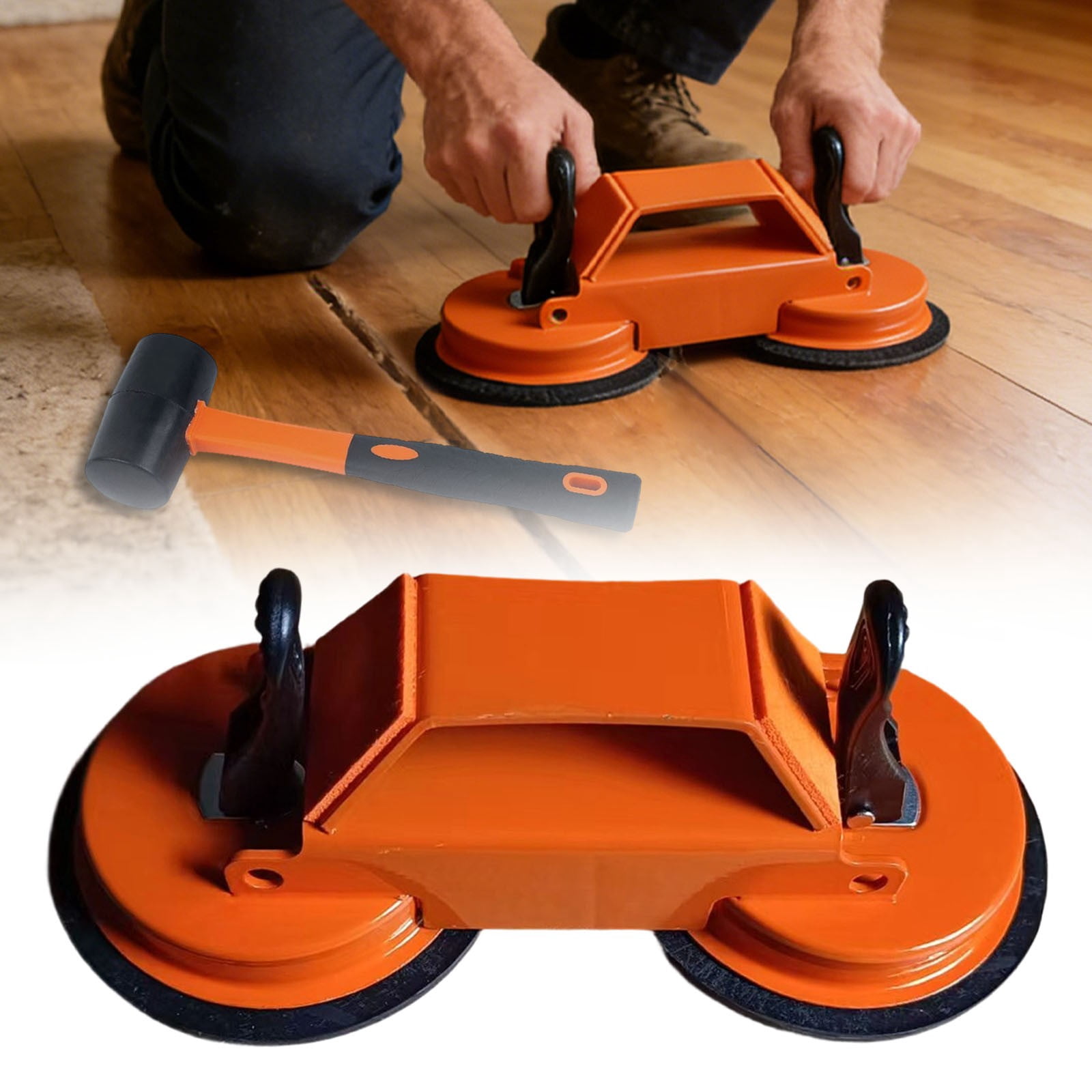 Floor Gap Fixer Tool Heavy Duty Orange with Hammer, Flooring Suction Cup Tool for Gaps, Laminate Vinyl Hardwood Floor Gap Repair Tool Kit, Carbon Steel Floor Gap Tool