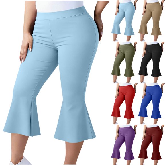 Yoga Pants Fashion Women's Plus Size Yoga Pants Capris Solid Color Elastic Waist Light Blue XXXXXL