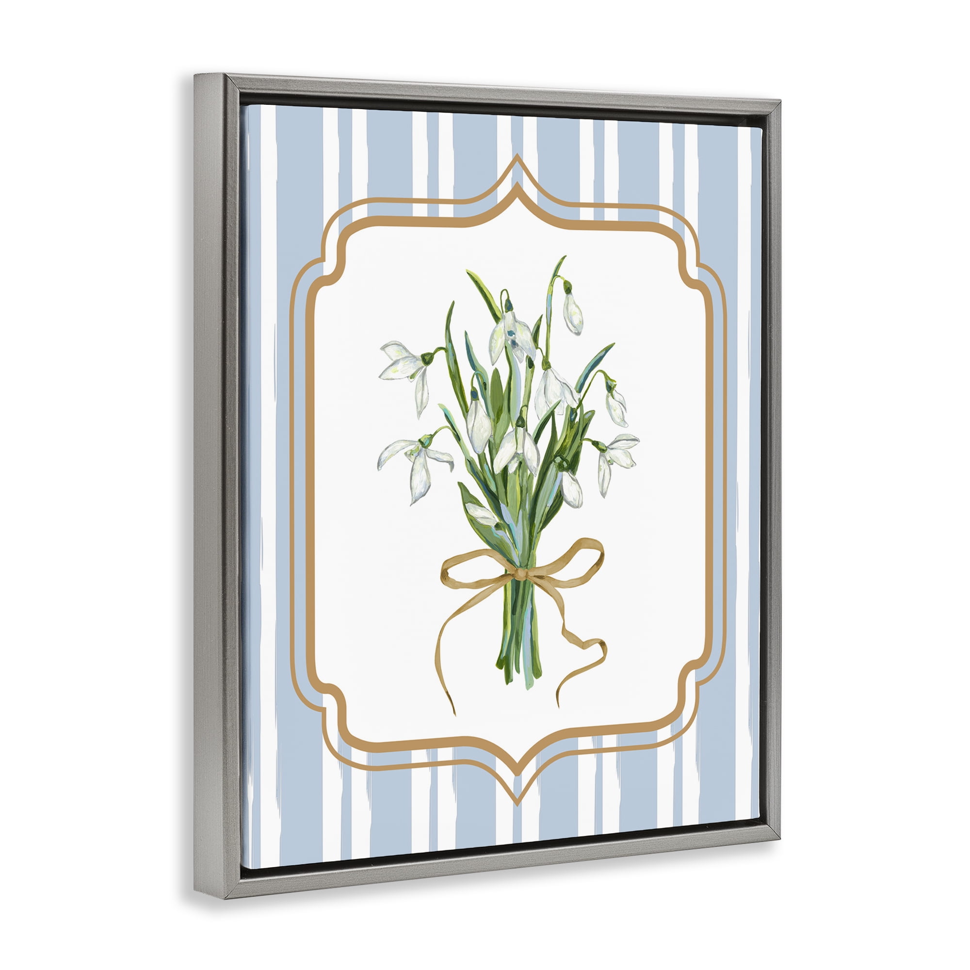 White Flower Bundle on Stripes Gray Framed Floater Canvas Wall Art, design by Adonna Ebrahimi