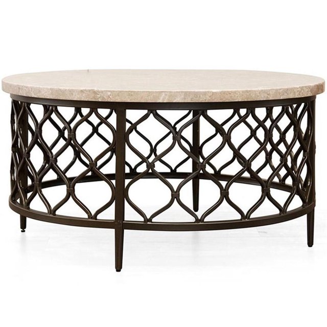 Roland Round Transitional Stone Top with Metal Base Coffee Table in Espresso