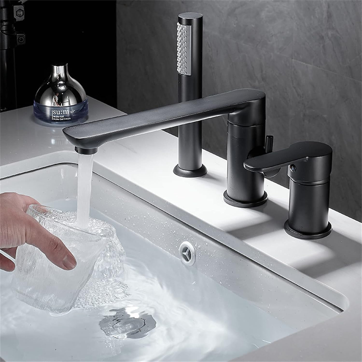 Waterfall Bathtub Faucet Roman Tub Filler, Contemporary Bathroom Widespread Long Spout Faucet with Handheld Shower, Single Handle 3 Hole Deck Mount