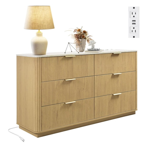 6 Drawers Dresser for Bedroom, Farmhouse 55'' Dresser of Drawers, Vintage Design Wood TV Stand, Rustic Storage Dressers Organizer for Bedroom, Living Room, Hallway