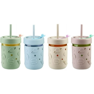 PandaEar 4 Pack Kids & Toddler Glass Cups, Glass Mason Jar Cups 8.45 oz with Silicone Sleeves & Straws, Toddler Spill-Proof Smoothie Cups