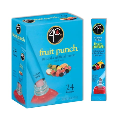 4C Powder Drink Mix Packets, Fruit Punch 1 Pack, 24 Count, Singles Stix On the Go, Refreshing Sugar Free Water Flavorings
