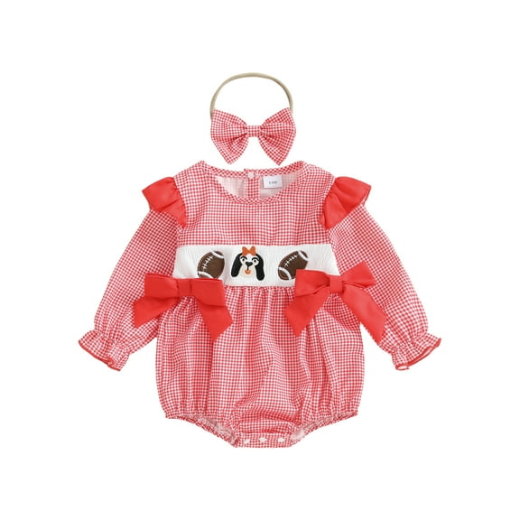 Miaouyo Infant Baby Girl Fall Romper 0 3 6 12 18 Months Bows Animal Rugby Embroidered Plaid Crew Neck Long Sleeve Romper and Bow Headband
