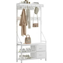 Lulive Hall Tree, 31.5” Entryway Bench with Coat Rack freestanding, 5 in 1 Intelligent Design Shoe Bench and Wall Rack 17 Hooks and Drawers (White)
