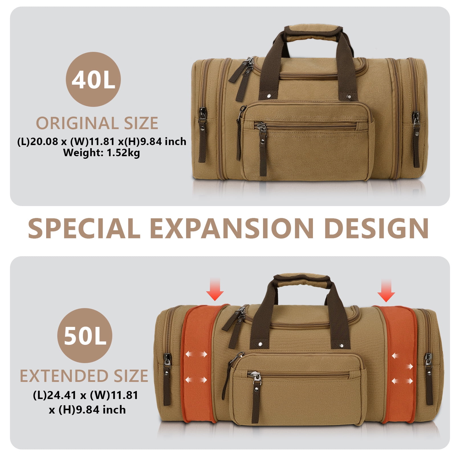 DAKOMM Duffle Bag for Travel, 50L Expandable Canvas Travel Duffel Bags Overnight Weekend Waterproof Gym Carry On Luggage Bag Travel Bag for Men & Women, Coffee